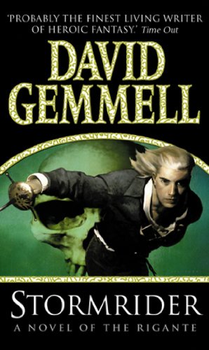 Book cover for “Stormrider” featuring a man with a sword and green background.