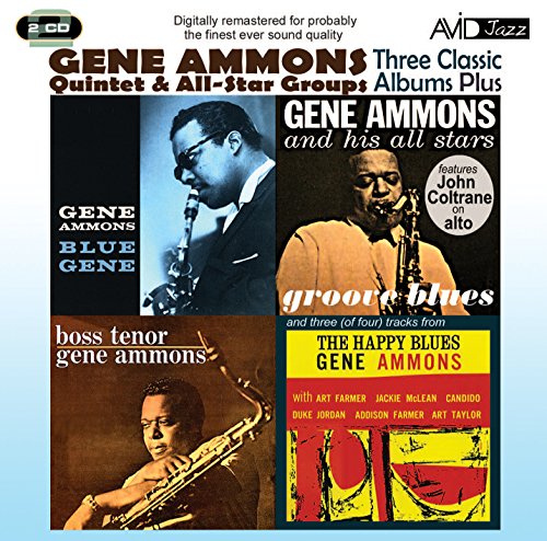 Gene Ammons playing saxophone on jazz album cover with various text and images.