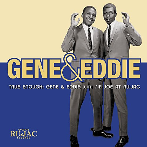 Cover of "Gene & Eddie - True Enough" with two men in suits on a blue background.