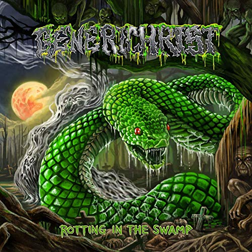 Green snake coiled in a swamp with a full moon and ghoulish figures.