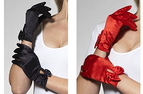 Short red and black satin gloves with a bow detail on the wrist.