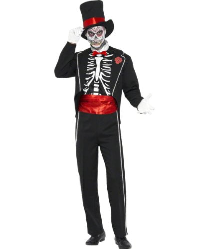 Man dressed in a black skeleton costume with red accents and a top hat.