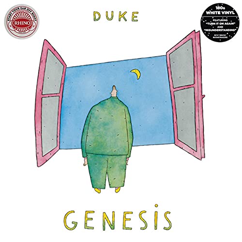 Genesis’s “Duke” vinyl album cover: man in green, open blue shutters.