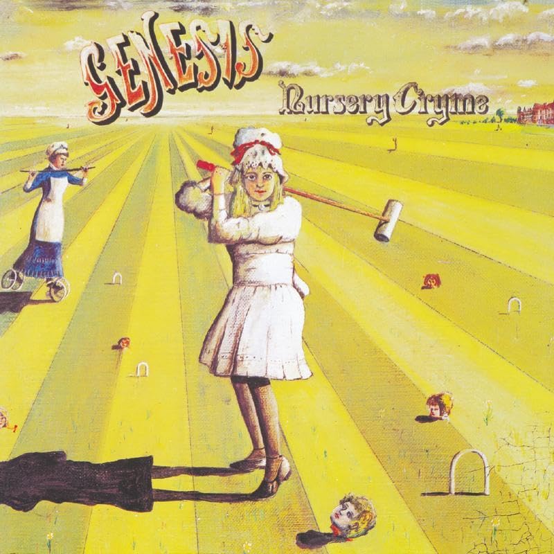 Album cover: "Nursery Cryme" by Genesis, featuring figures in a yellow field.