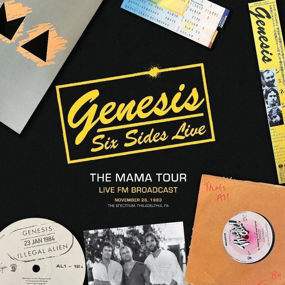 Album cover for Genesis Six Sides Live featuring concert memorabilia and band photos.