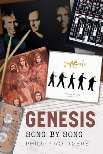 Book cover with Genesis band photos, a mixing board, a cassette, and musical scores.