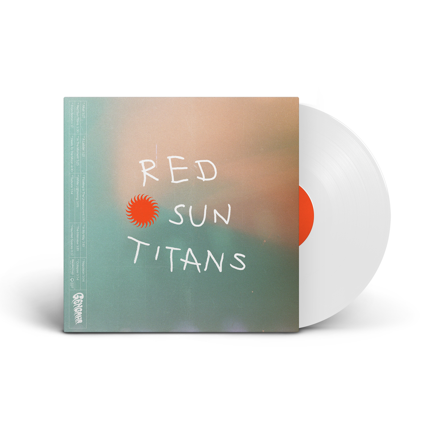 White vinyl LP of Gengahr’s “Red Sun Titans” with orange and blue cover art.