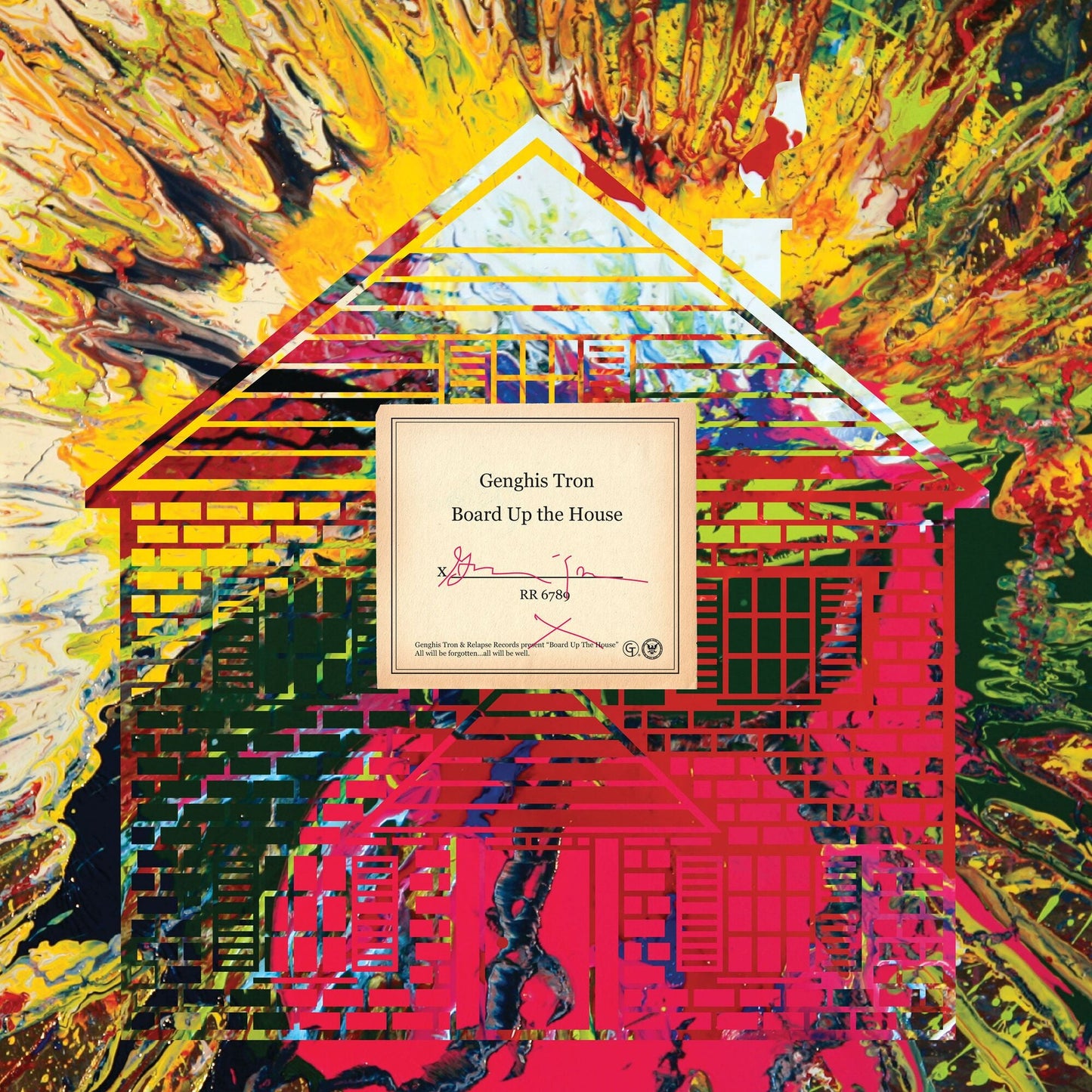 Vinyl record cover with a house shape overlaid on abstract paint.