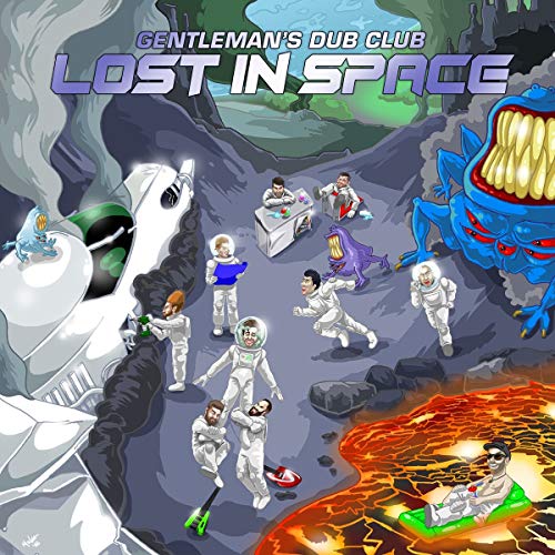 "Vinyl album cover with cartoon astronauts and monsters on a rocky, lava-filled planet."