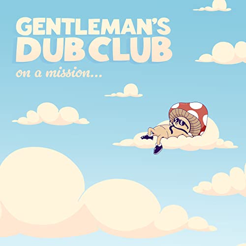 Cartoon mushroom wearing sunglasses relaxing on a cloud against a light blue sky.