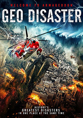 DVD cover for "Geo-Disaster" showing a helicopter over a burning city.