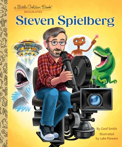 Steven Spielberg biography cover with illustrated director and film icons.
