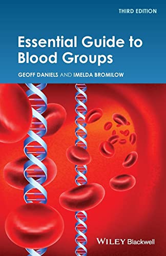 Book cover: "Essential Guide to Blood Groups" with DNA and red blood cells.