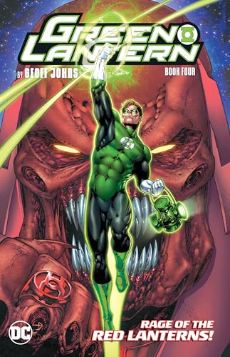 Green Lantern superhero flies before a massive, red, monstrous face.