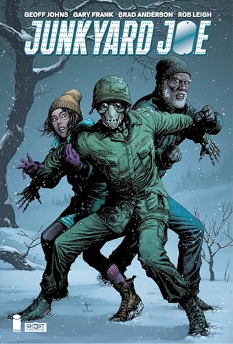 A masked soldier, a woman, and an older man stand together in a snowy landscape.