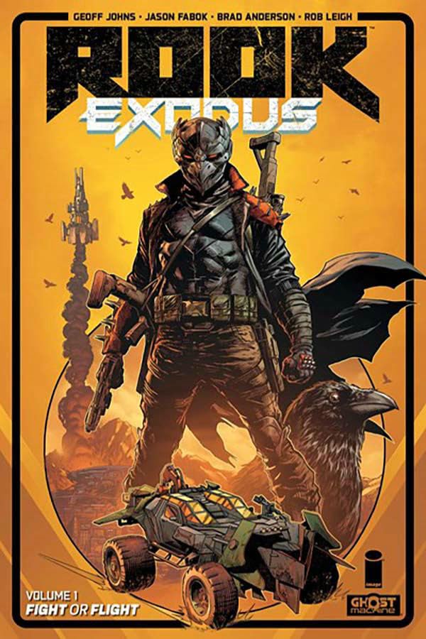 Comic book cover featuring a masked figure with weapons and a vehicle.