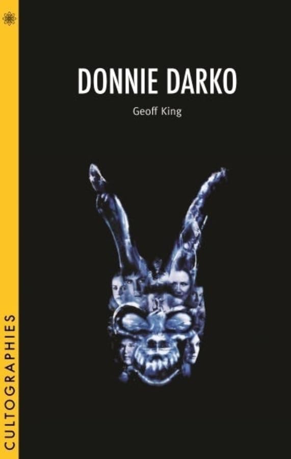 Book cover for Donnie Darko by Geoff King featuring a blue rabbit mask illustration.