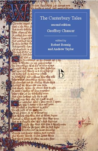 Book cover of The Canterbury Tales with medieval manuscript background and blue title box.