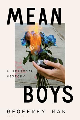 Book cover: “Mean Boys” with burning flowers and a hand holding a lighter.