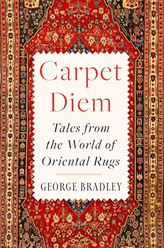 Book cover with ornate red rug background and white title panel.