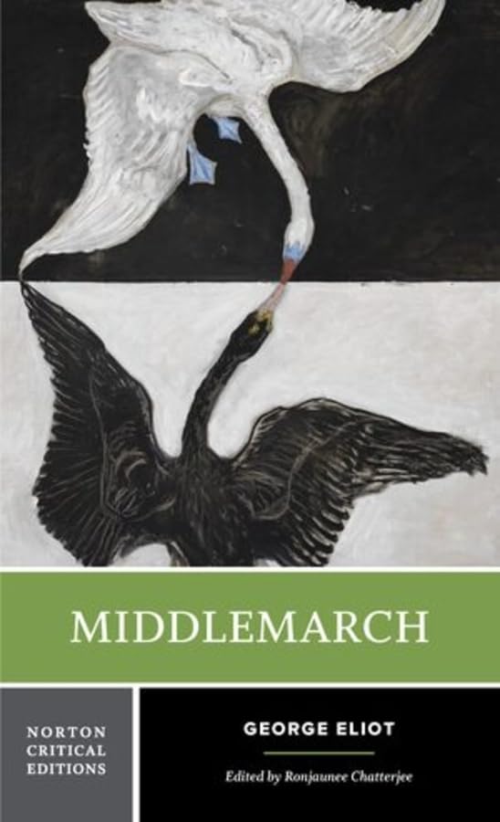 Book cover of Middlemarch by George Eliot featuring a white swan and black swan.