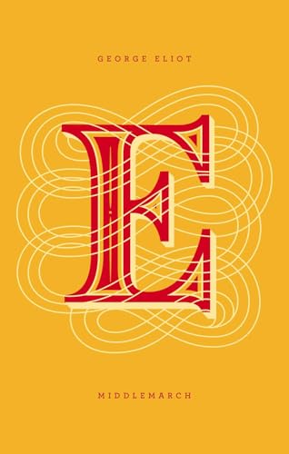 Book cover for "Middlemarch" with a large red letter "E" on gold.