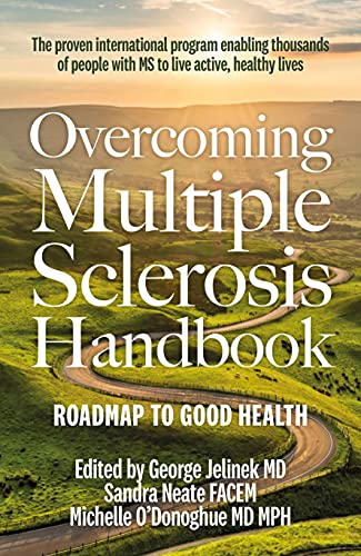Book cover: "Overcoming Multiple Sclerosis Handbook" with a winding road landscape.