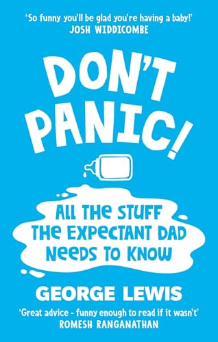 Blue book cover with white text "DON'T PANIC!" and a baby bottle illustration.