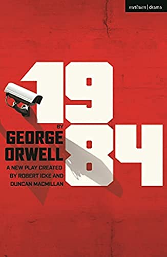 Book cover with large white 1984 text, a security camera, and red background.