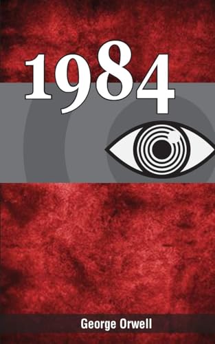 Red book cover with large white “1984” text and a watchful eye.