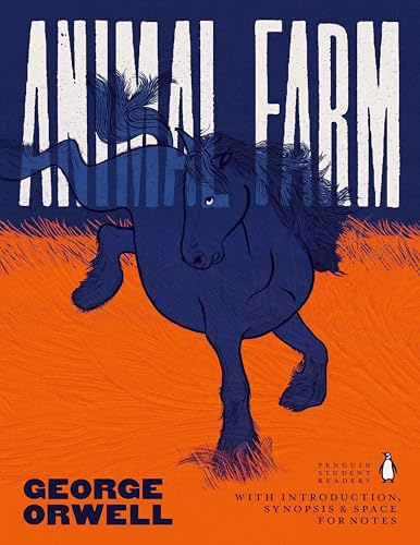 Book cover for Animal Farm by George Orwell featuring a dark blue horse illustration.