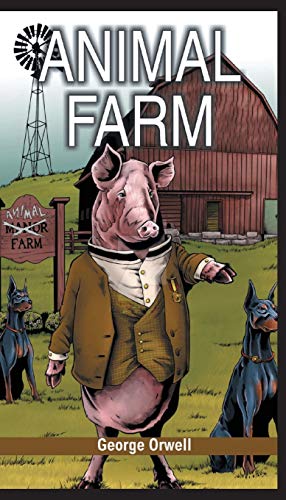 Book cover of "Animal Farm" featuring a pig in a jacket and dogs.