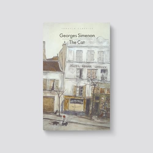 Book cover: “The Cat” by Georges Simenon, featuring a painted street scene.