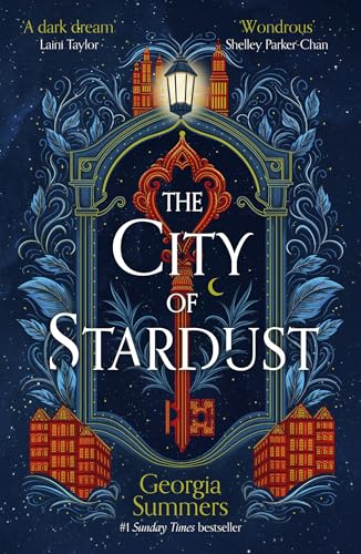 Book cover with ornate key design, city skyline, and title “The City of Stardust”.