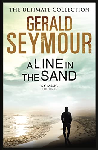 Book cover: “A Line in the Sand” by Gerald Seymour, with beach scene.