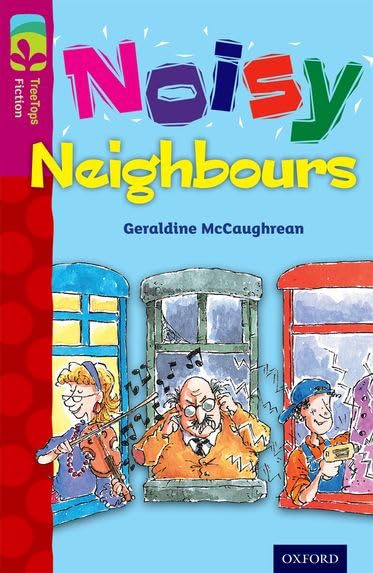 Book cover depicting three cartoon neighbours and musical instruments.