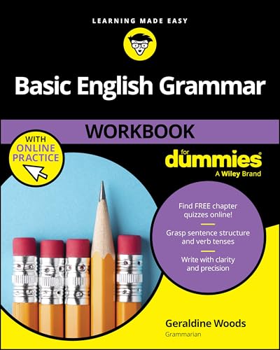 Basic English Grammar Workbook For Dummies" book cover with pencils.