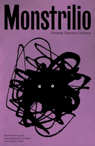 Book cover with a purple background, black scribbled creature, and white eyes.