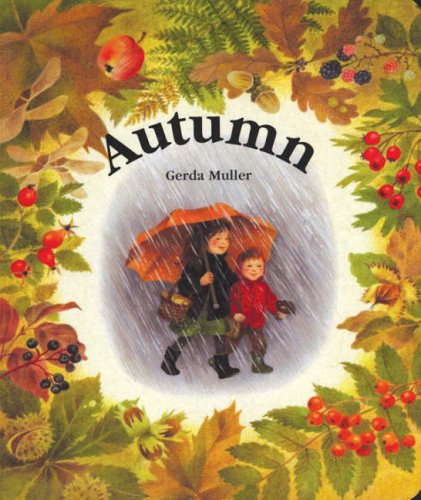 A girl and boy walk under an orange umbrella in rain, framed by autumn foliage.