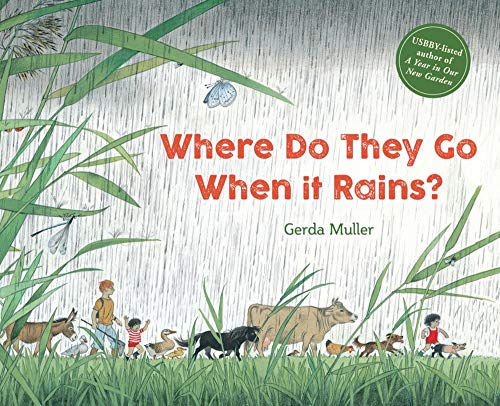 Children’s book cover depicting animals and people in tall grass during rain.