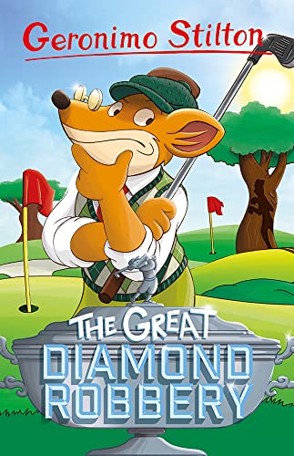 Cartoon mouse detective on a golf course with a large diamond.