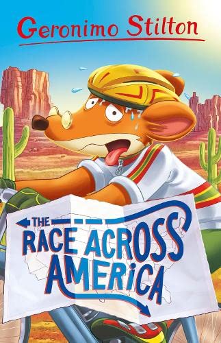 Cartoon mouse Geronimo Stilton cycles across a desert landscape.