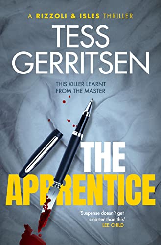 Book cover: "The Apprentice" by Tess Gerritsen, with pen and blood spatter.