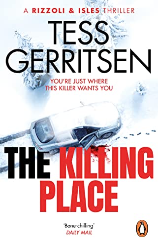 Book cover: snowy landscape, car wreck, and bold red title "The Killing Place".