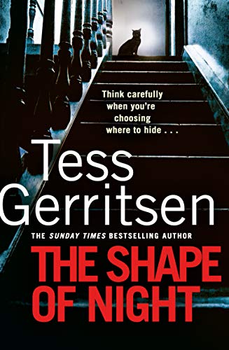 Book cover: dark staircase, black cat, and red title "The Shape of Night".