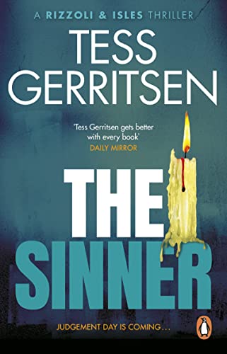 Book cover for "The Sinner" by Tess Gerritsen, featuring a burning candle.