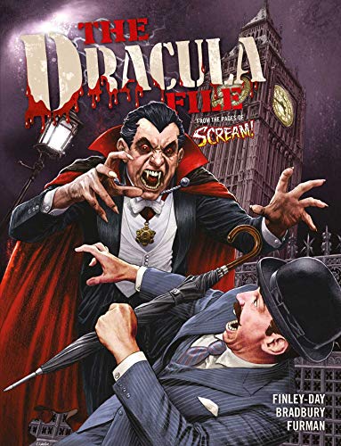 Dracula menacing a man with an umbrella in front of Big Ben.