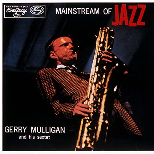 Gerry Mulligan playing a baritone saxophone on the album cover "Mainstream.