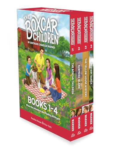 Boxed set of four "The Boxcar Children" mysteries with children on cover.