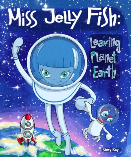 Blue alien girl in a space helmet waves, with Earth in background.